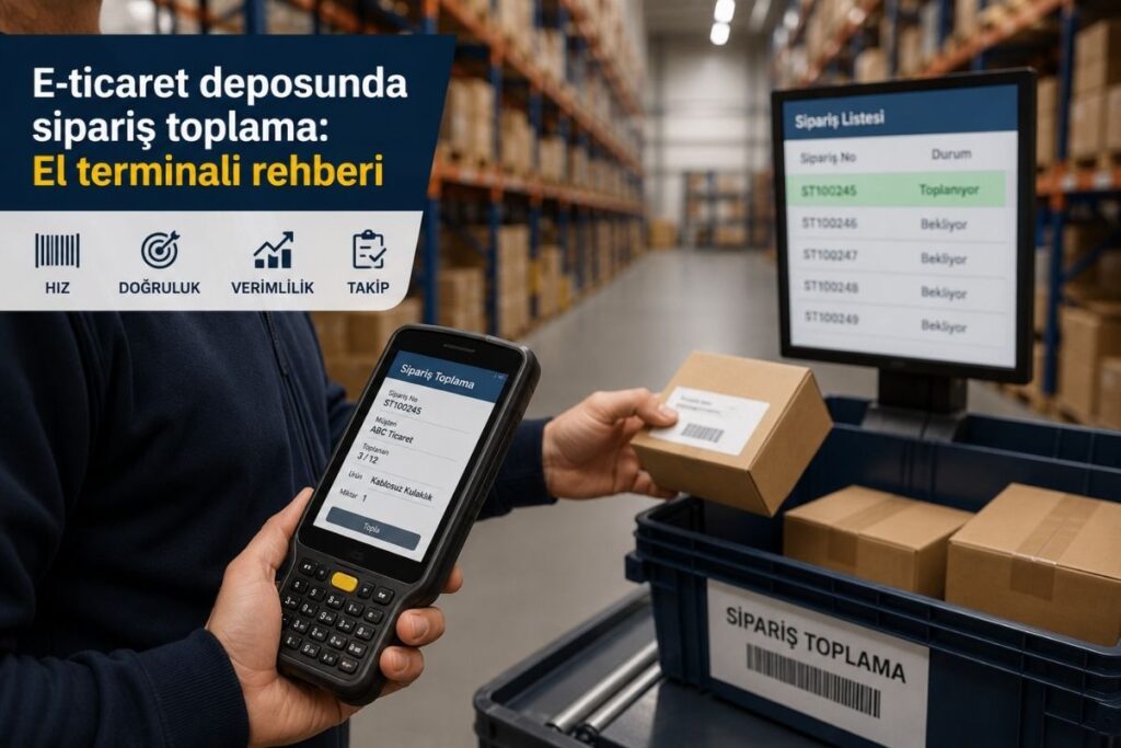E-ticaret deposunda sipariş toplama süreci için el terminali kullanımı