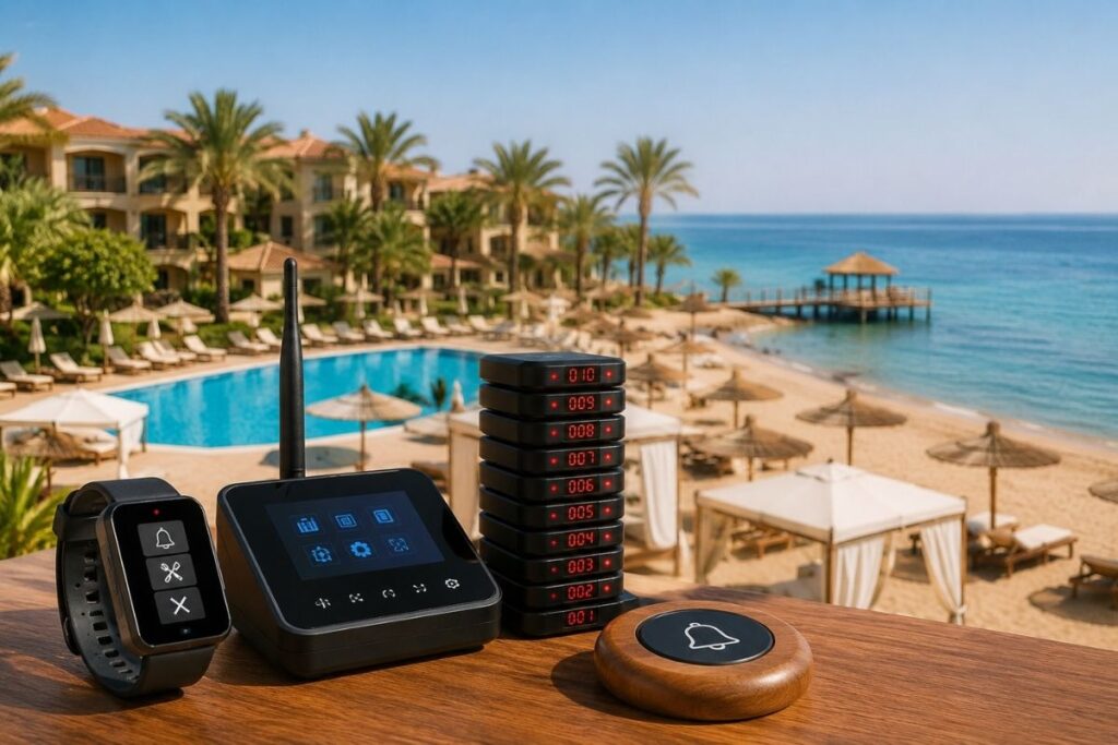Lüks tatil köyleri ve plaj işletmeleri için eksiksiz otel çağrı sistemi seti (akıllı saat, gösterge paneli ve çağrı butonları)