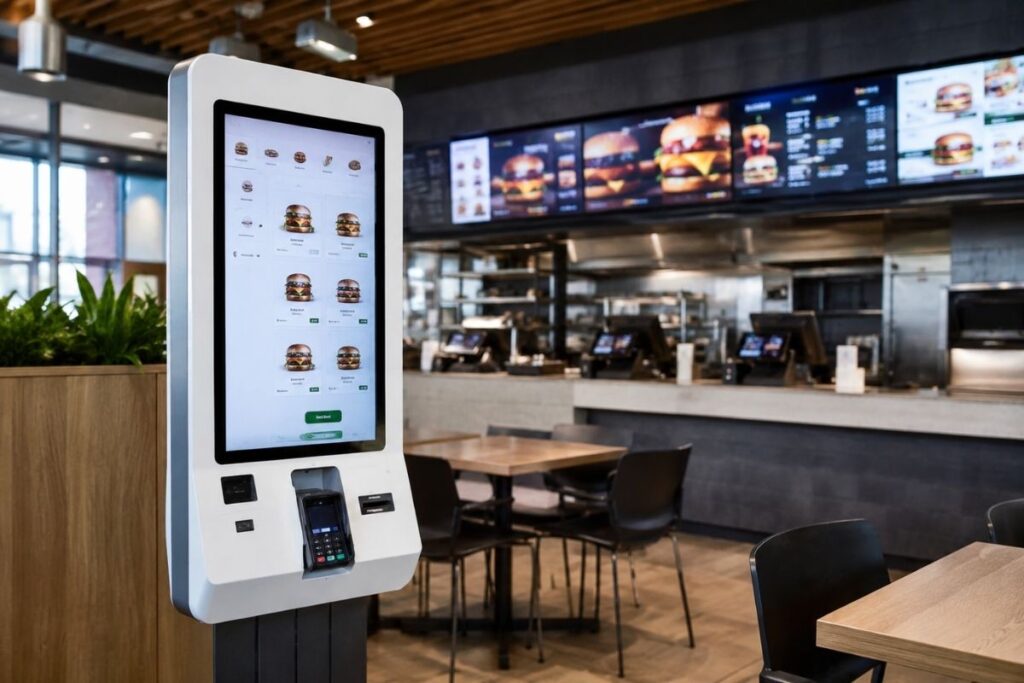 Self servis kiosk nedir sorusunun en net örneği olan, modern bir restoranda konumlandırılmış dokunmatik sipariş ekranı