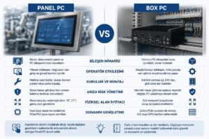 Endüstriyel Panel PC ile Box PC arasındaki temel farkları özetleyen karşılaştırmalı infografik. Entegre dokunmatik Panel PC ve harici ekran kullanılan Box PC'nin kullanım alanları, kurulum yapısı ve mühendislik avantajlarını gösteren blog içi görsel.