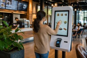 Restoranda self servis kiosk ekranı üzerinden dokunmatik menüyü inceleyerek kendi siparişini oluşturan müşteri
