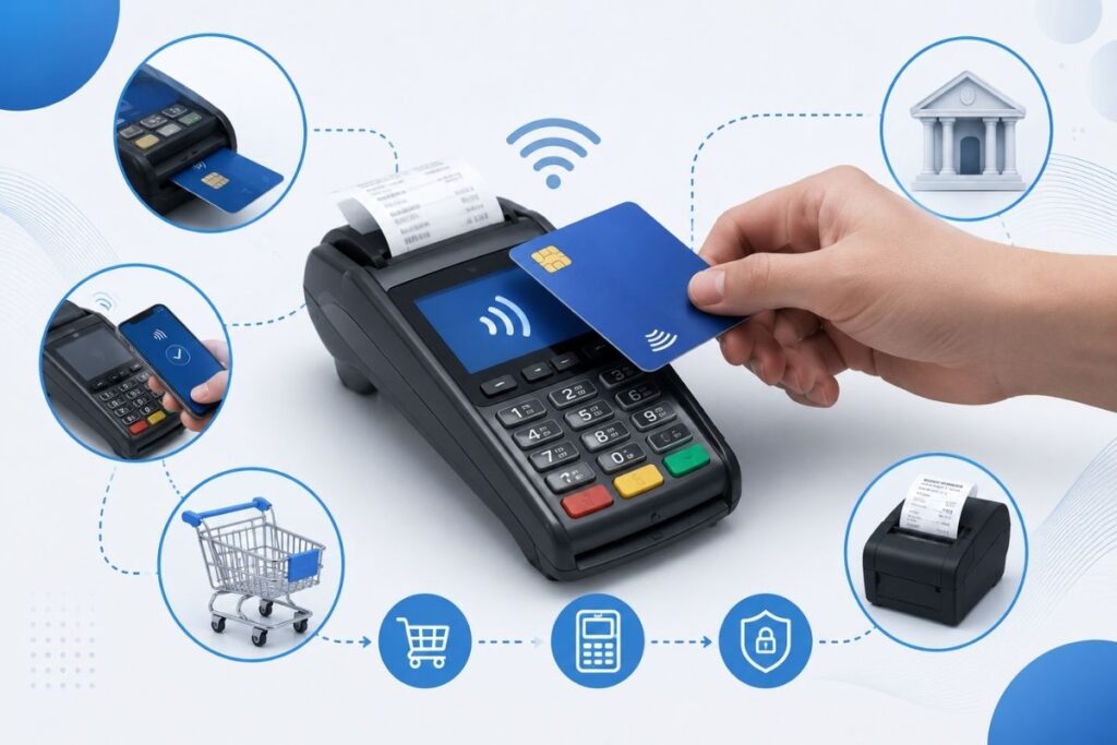 POS terminal nedir, temassız ödeme alan yeni nesil ödeme kaydedici cihazlar ve POS açılımı kavramını gösteren görsel.