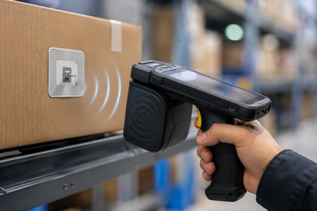 Depoda koli üzerindeki akıllı etiketi tarayan el tipi rfid okuyucu nedir