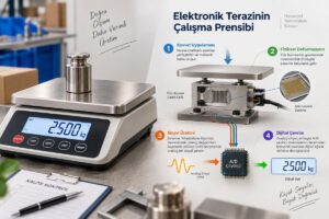 Elektronik terazinin çalışma prensibini ve yük hücresi üzerinden ağırlık ölçümünü gösteren endüstriyel tartım sistemi