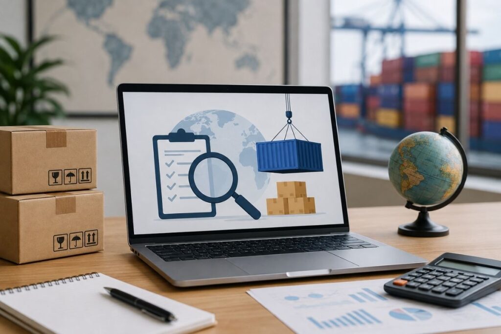 Dizüstü bilgisayar üzerinden küresel dış ticaret ve GTIP sorgulama işlemi yapan uzman