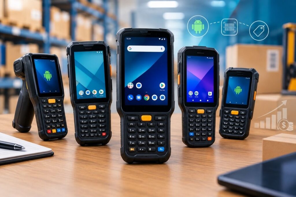 Depo ortamında yan yana sıralanmış dayanıklı tuşlu Android el terminali modelleri