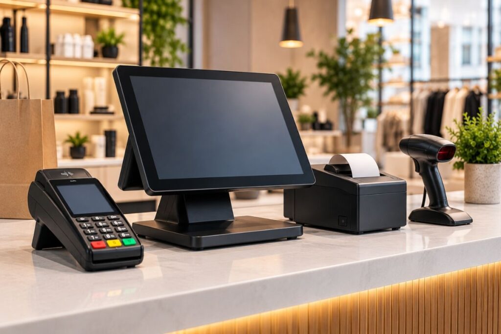 Modern mağaza kasasında dokunmatik POS sistemi, banka POS cihazı, barkod okuyucu ve fiş yazıcı