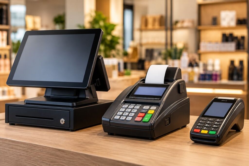 Yazar kasa POS, banka POS cihazı ve dokunmatik satış terminali arasındaki farkları gösteren ödeme sistemleri.