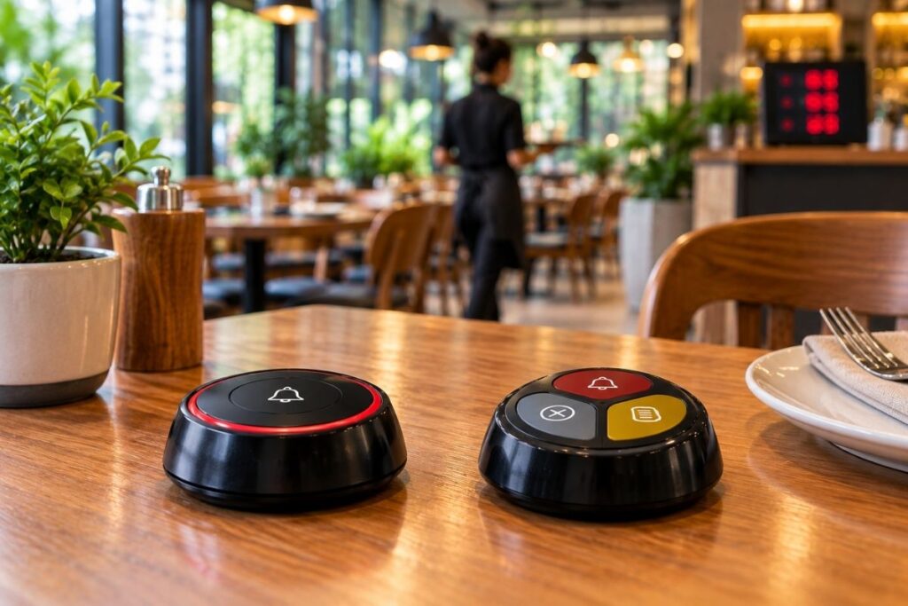 Restoran masasında tek tuşlu ve üç tuşlu garson çağırma butonu modellerinin karşılaştırılması