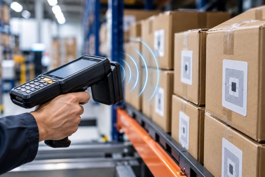RFID teknolojisi ile depoda ürün ve RFID etiketlerinin okuyucu ile takip edilmesi